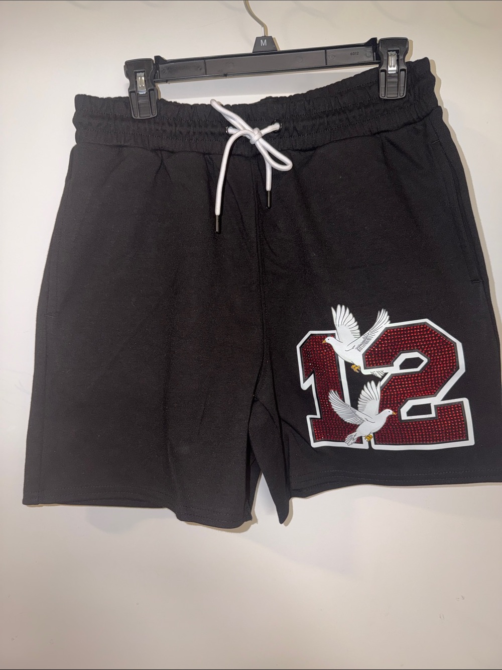 ♦️🕊️🩳🕊️♦️ Cooper Rivet Men's Black Shorts with Rhinestones & Dove Graphic